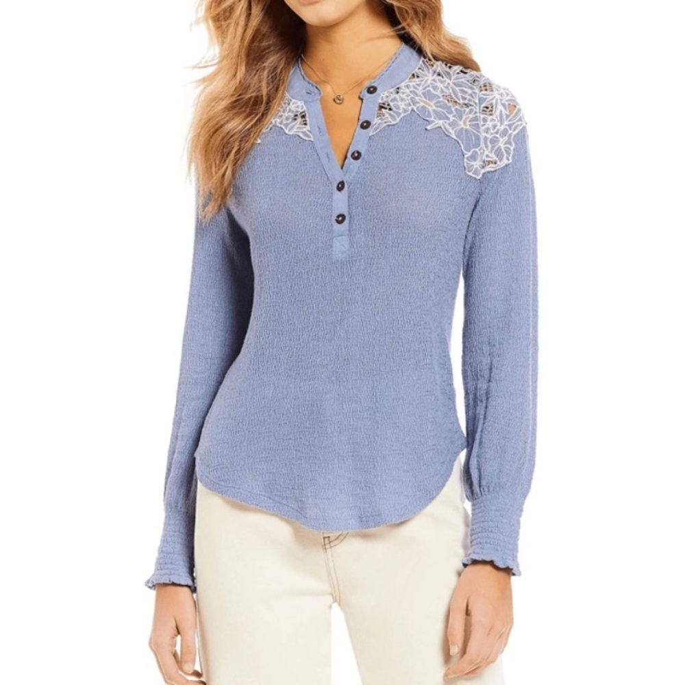 Free People Periwinkle Blue Lace-Yoke Henley Blouse